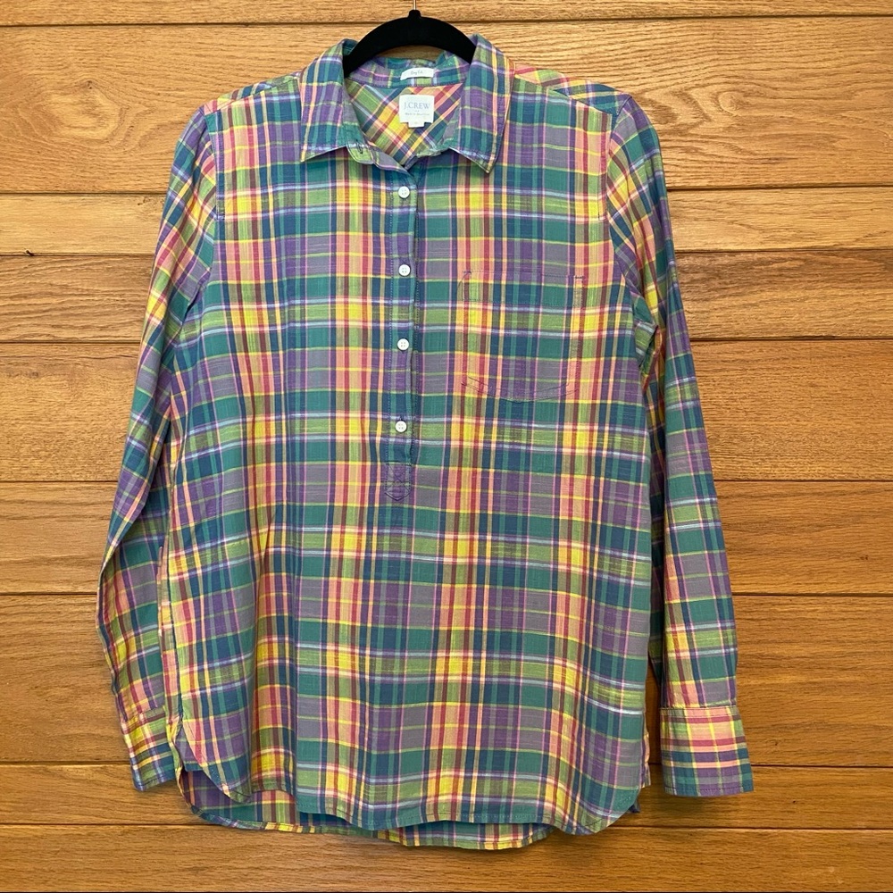 J.Crew Factory Boy Fit madras plaid popover button long sleeve top